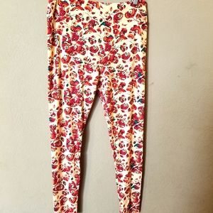 LuLaRoe Women's Leggings Beige with Pink & Orange Roses Tall & Curvy